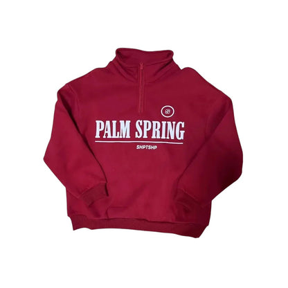 COMFORTHere red cotton blend quarter zip sweatshirt with "PALM SPRING" graphic and "SHPTSHP" text.