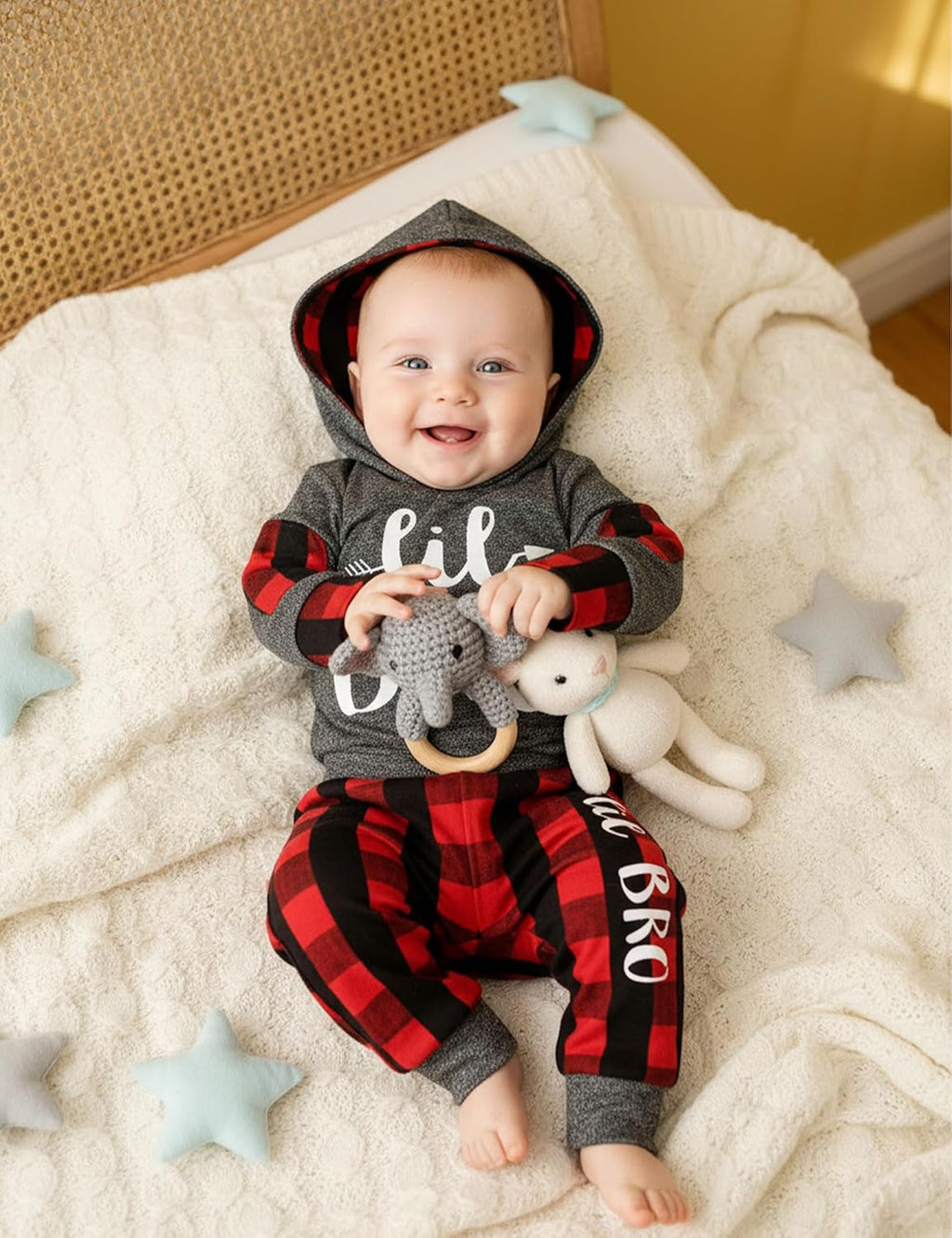 Newborn Baby Boy Plaid Letter Print Long Sleeve Hoodie and Long Pants 2-Piece Fall/Winter Outfit Set