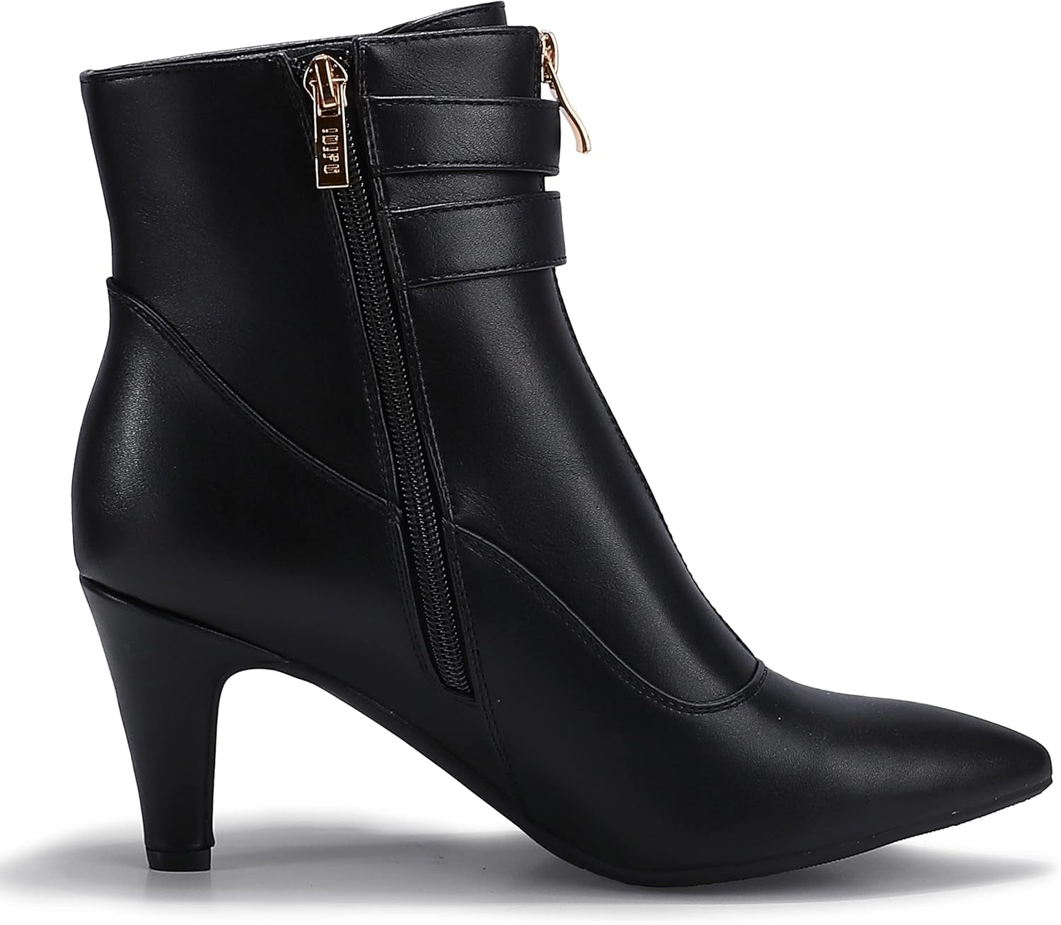 Women's Classic Short Ankle Booties with Pointed Toe, Metal Buckle, Two Straps, and Side Zipper in Kitten Heel Design