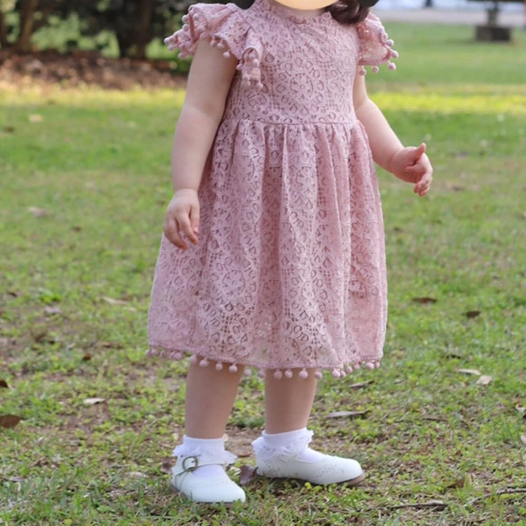 Toddler Girls Elegant Lace Flutter Sleeve Party Dress with Pom Poms