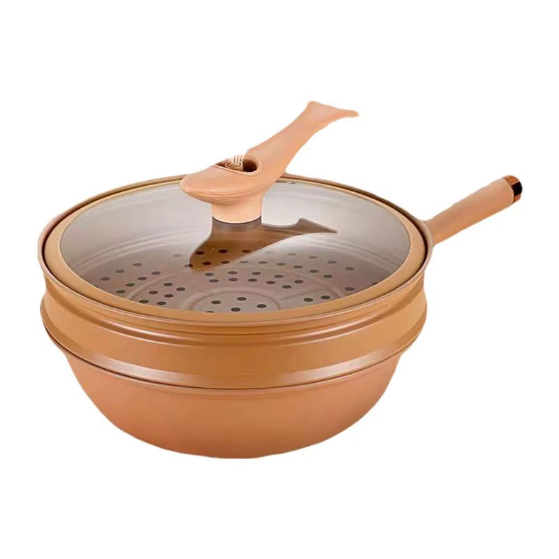 Iron Wok with Lid Non Stick Clay Wok with Steamer Basket Clay Wok Miccro Pressure Wok Multifunctional Household Frying Pan
