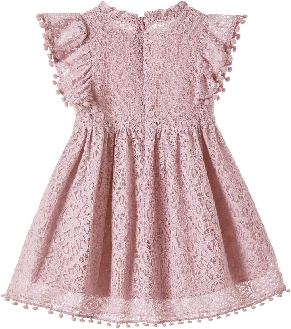 Toddler Girls Elegant Lace Flutter Sleeve Party Dress with Pom Poms
