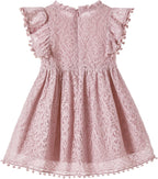 Toddler Girls Elegant Lace Flutter Sleeve Party Dress with Pom Poms