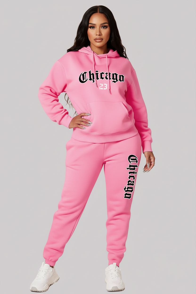 Women's plus Size Pink Tracksuit Aesthetic Sportswear Hoodies Pants 2 Piece Outfit Chicago Graphic Letter Print Streetwear Sweatsuit