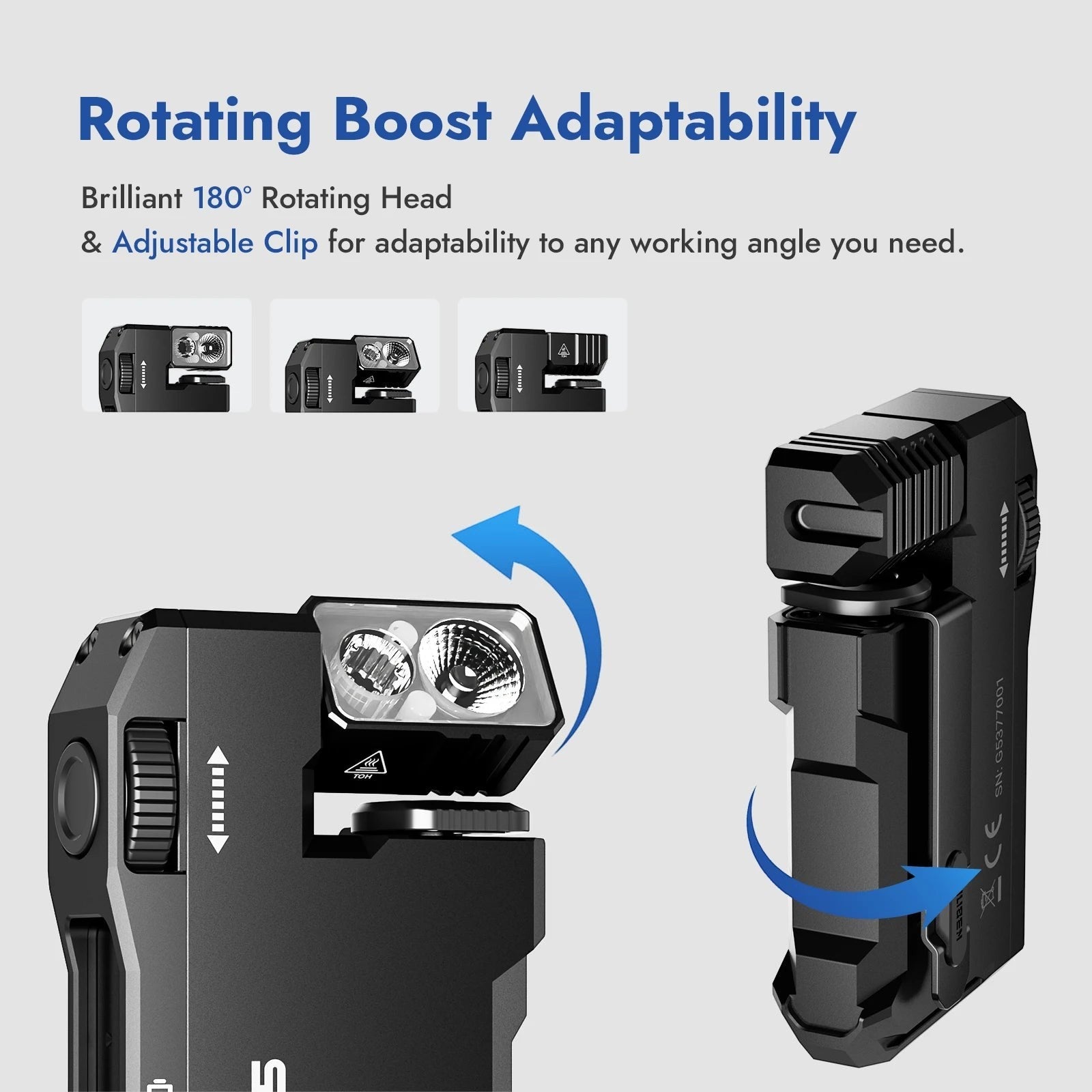 COMFORTHere Wuben G5 black flashlight with 180-degree rotating head and adjustable clip for versatile lighting.