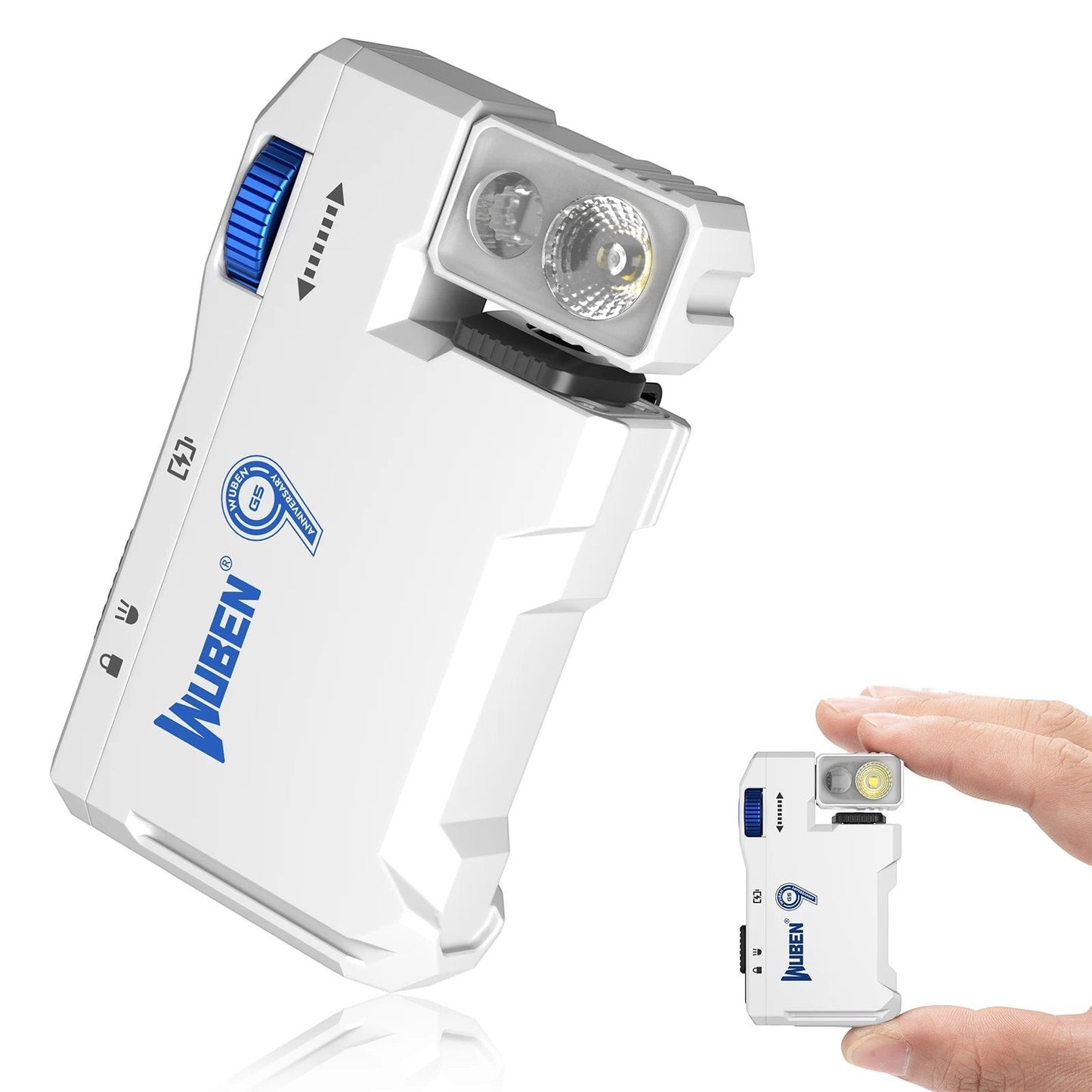COMFORT Wuben G5 white compact flashlight with 180-degree rotating head and blue accents. Small size shown in hand.