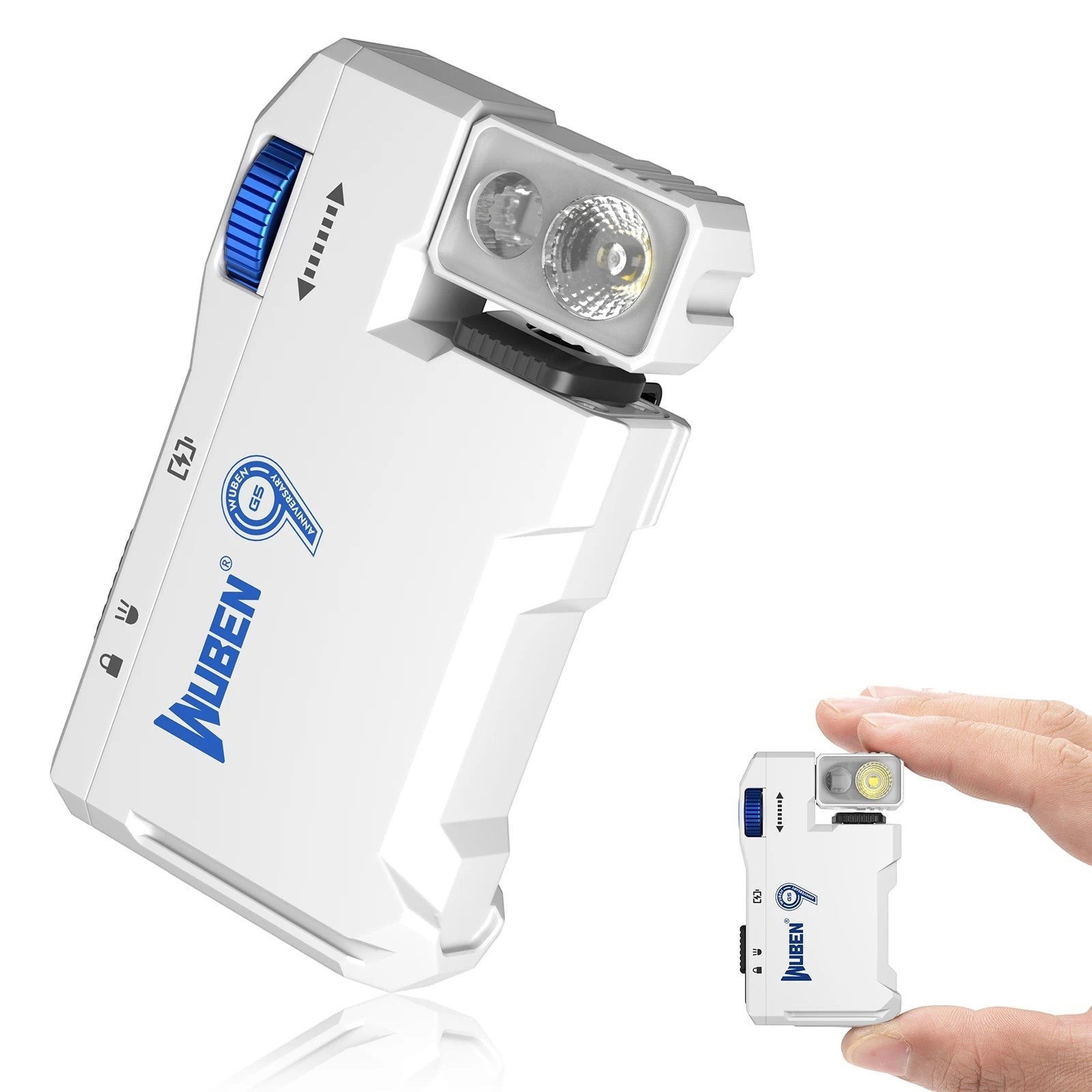 COMFORT Wuben G5 white compact flashlight with 180-degree rotating head and blue accents. Small size shown in hand.